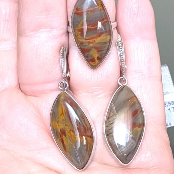 NWT Russian Russia Sterling Silver 925 Brown Grey Jasper Earrings And Ring Set - Picture 3 of 16